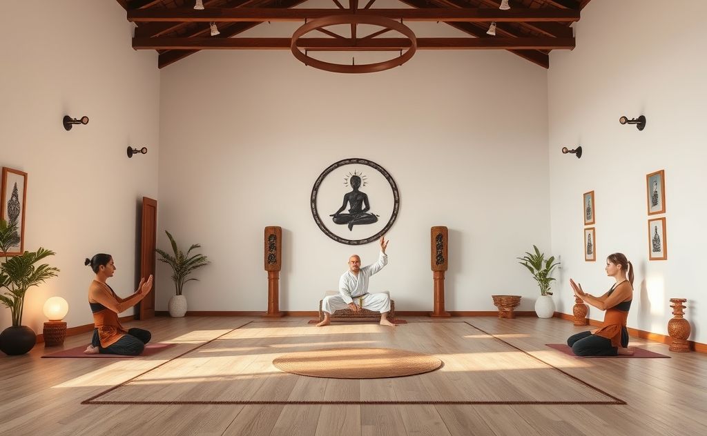 A serene dojo with chakra symbols and peaceful martial arts poses.