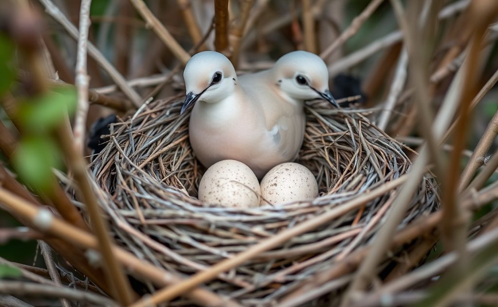 A serene dove nest with eggs nestled inside among soft twigs.