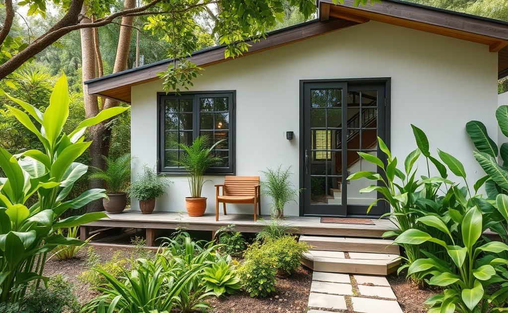A serene eco-friendly home surrounded by lush greenery and plants.