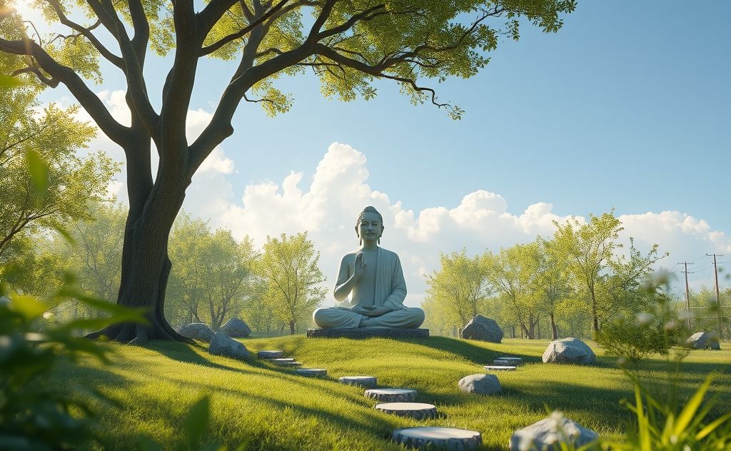 A serene environment with a meditative figure surrounded by nature.