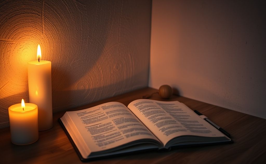 A serene evening scene with calming candles and a journal.
