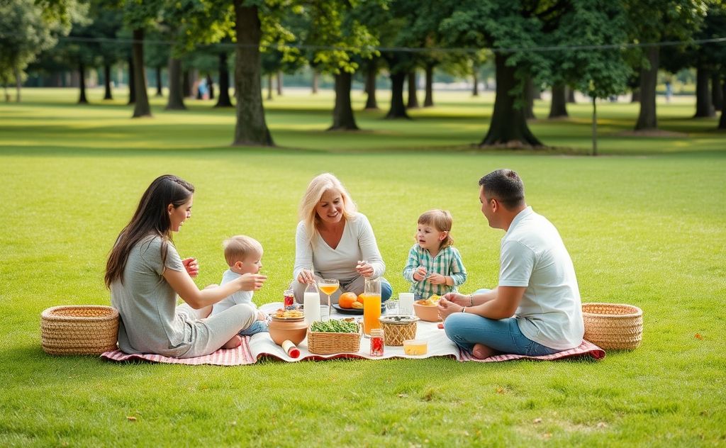A serene family picnic setup in a lush green park.