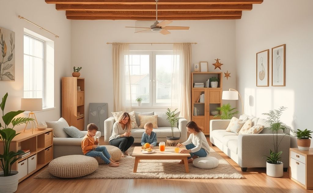 A serene family scene with organized spaces and calm activities.