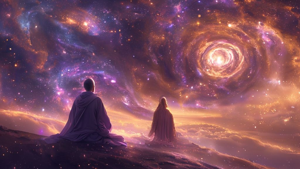 A serene figure in flowing robes meditates under a starlit sky, bathed in soft, golden light. A swirling nebula of amethyst and sapphire surrounds them, representing inner strength and Saturn's influence.