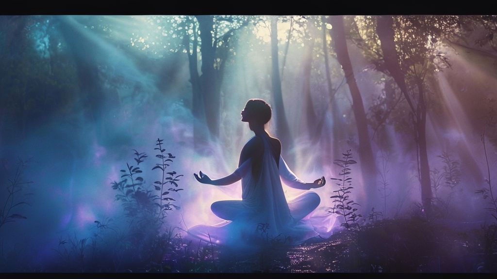 A serene figure in flowing white, amidst softly glowing blue and purple mist, practicing box breathing in a forest clearing. Cinematic light streams, illuminating the breath's subtle energy.