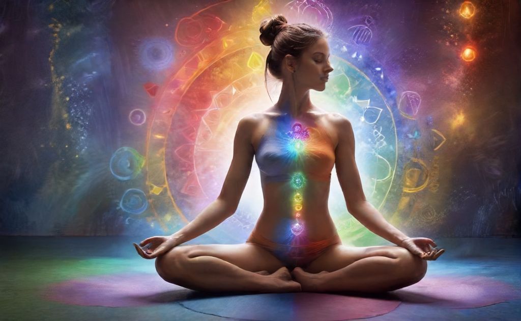 A serene figure in yoga pose surrounded by colorful chakra symbols.