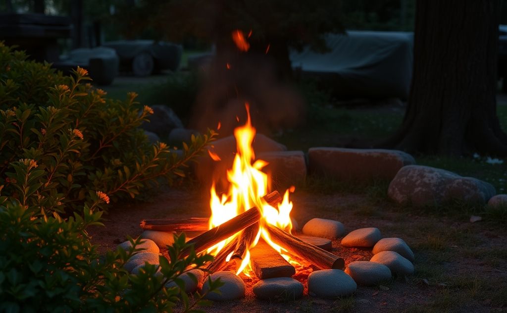 A serene fire ceremony with glowing flames and natural surroundings.