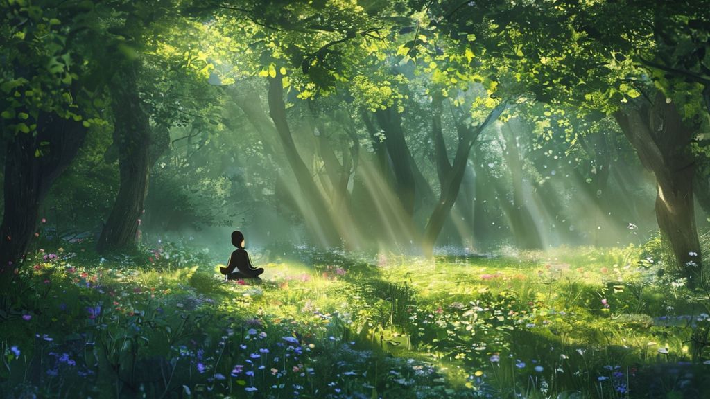 A serene forest clearing, dappled sunlight filtering through lush green leaves. A figure meditates amidst wildflowers, their aura shimmering. Ethereal glow, calming blues and greens.