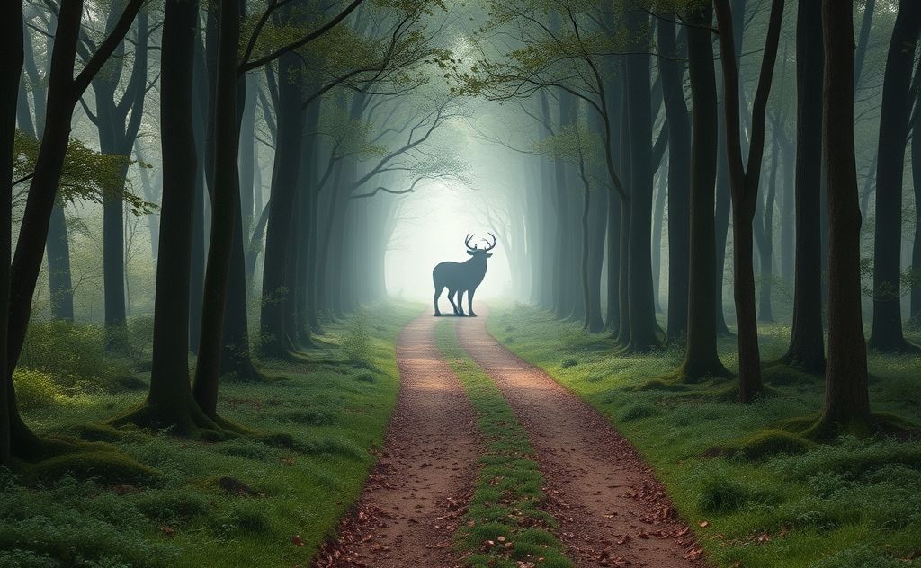 A serene forest path leading to a mystical animal silhouette.