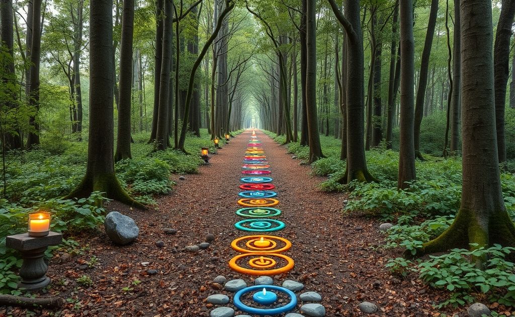 A serene forest path lined with vibrant chakra symbols and stones.