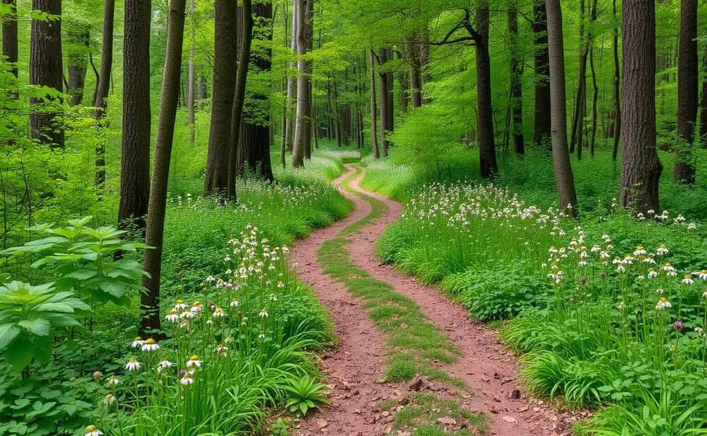 A serene forest path surrounded by lush greenery and wildflowers.