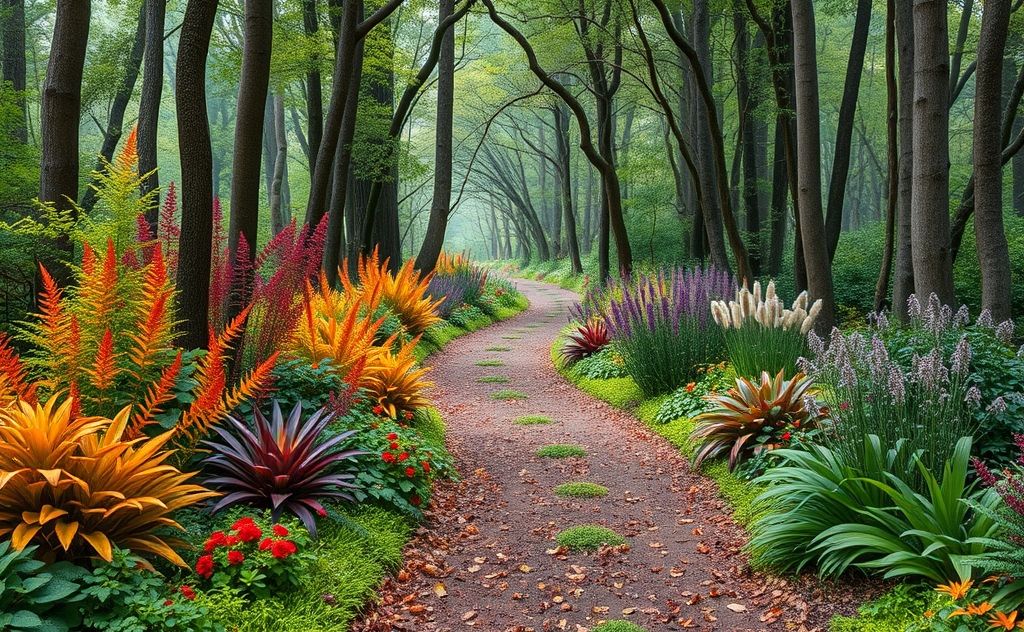 A serene forest path with vibrant plants representing chakra colors.