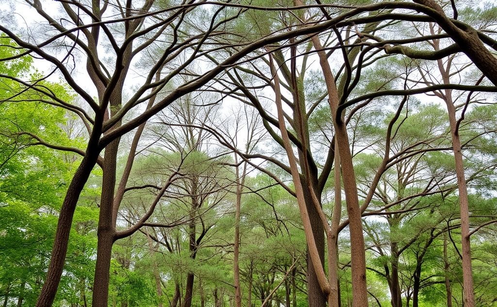 A serene forest scene showcasing diverse trees and their branches.