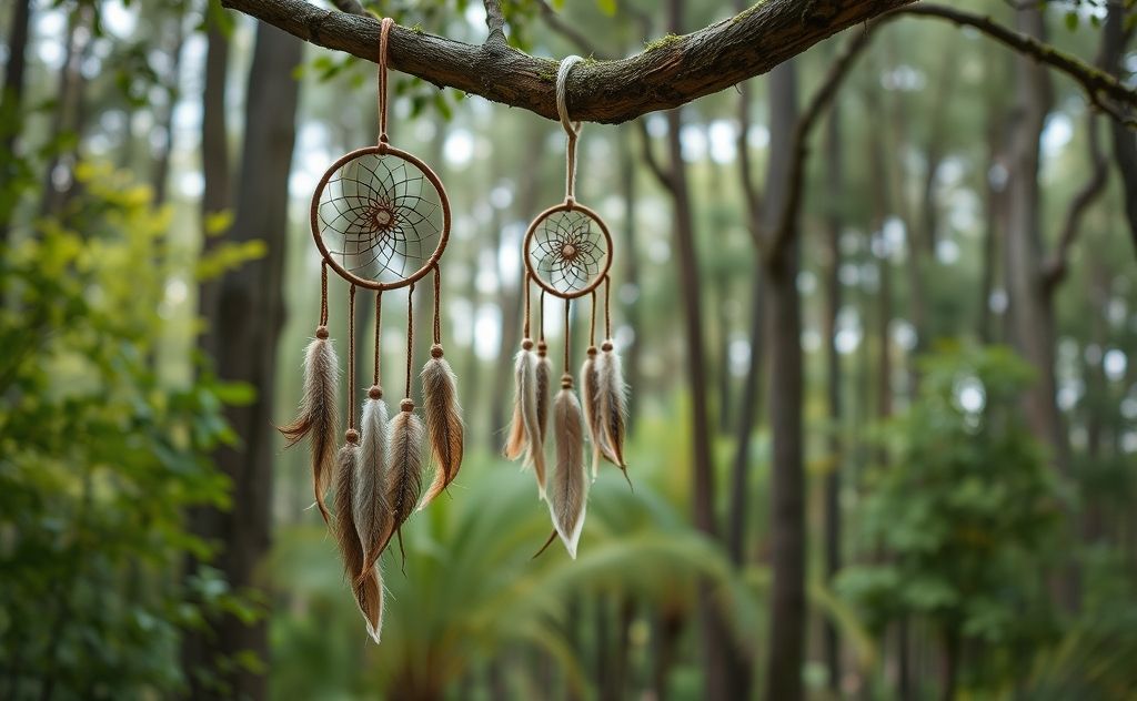 A serene forest scene with a dreamcatcher hanging from a tree.