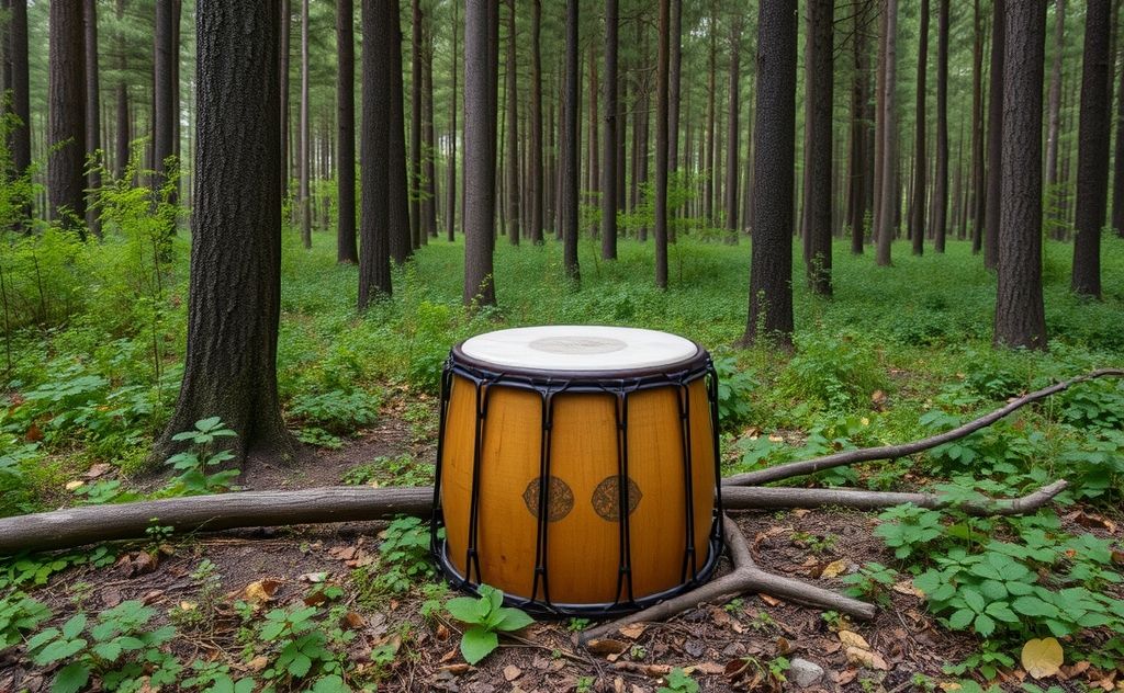 A serene forest scene with a drum surrounded by nature.