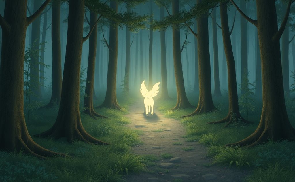 A serene forest scene with a glowing spirit animal guiding the way.