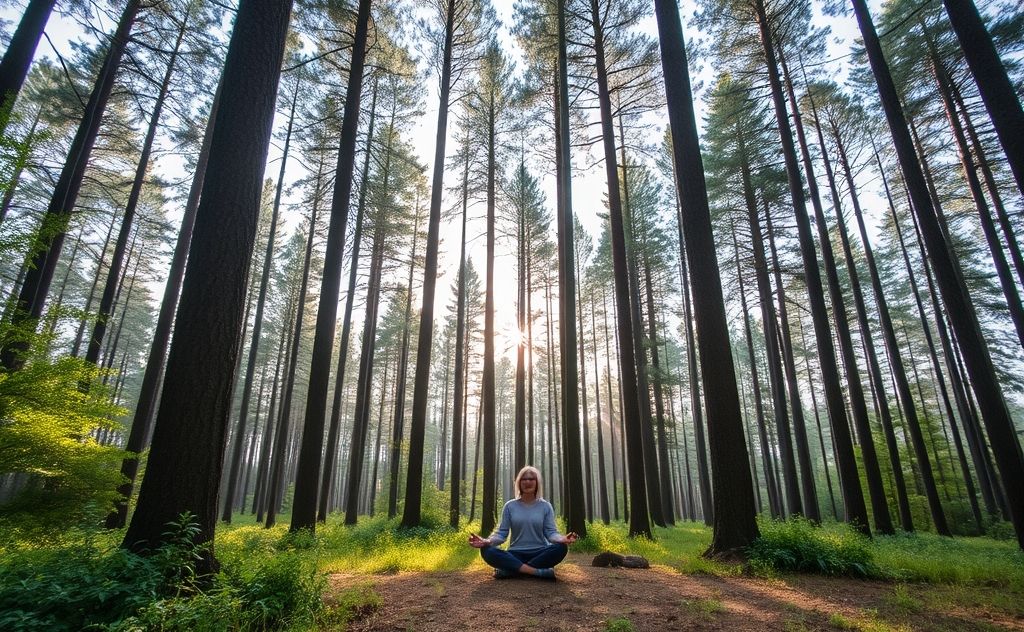 A serene forest scene with a person meditating amidst tall trees.