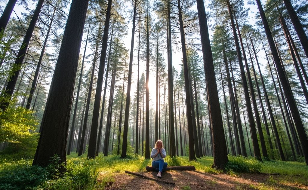 A serene forest scene with a person meditating among tall trees.