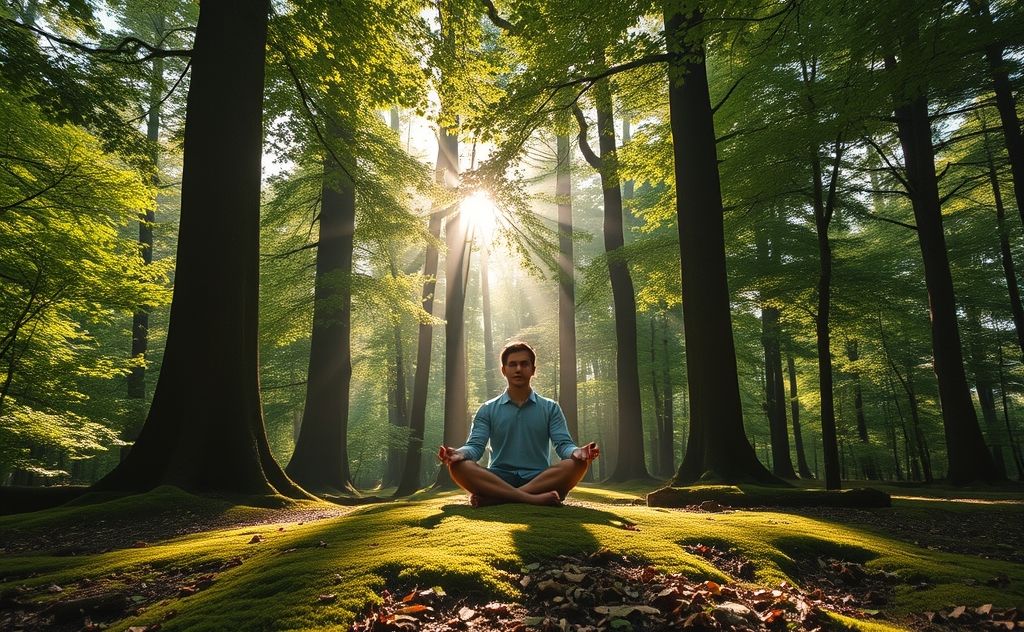 A serene forest scene with a person meditating among trees.