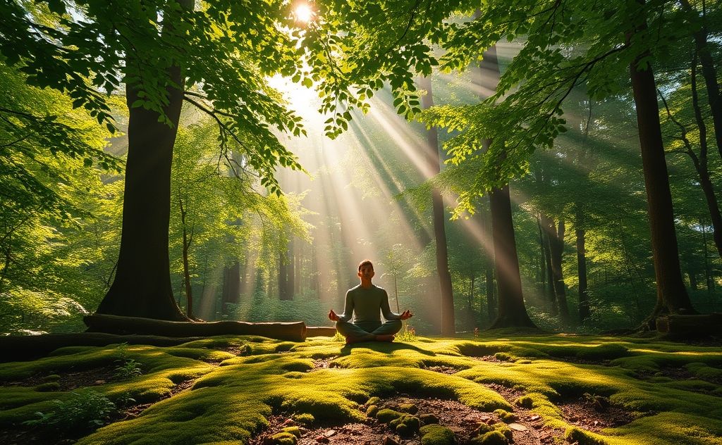 A serene forest scene with a person meditating on the ground.