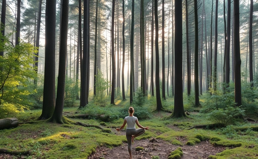 A serene forest scene with a person practicing grounding techniques.