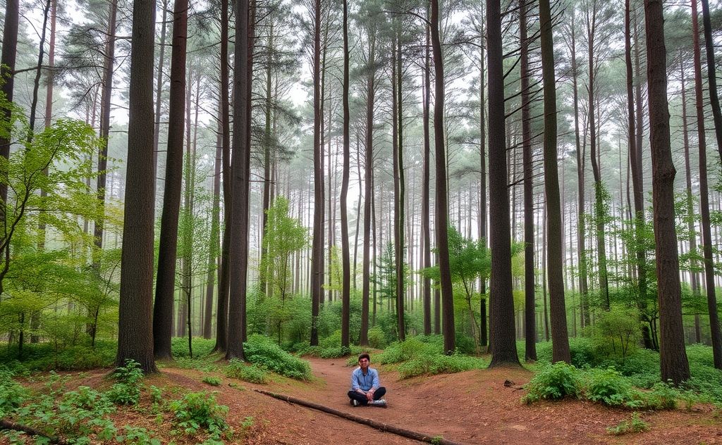 A serene forest scene with a person sitting peacefully on the ground.