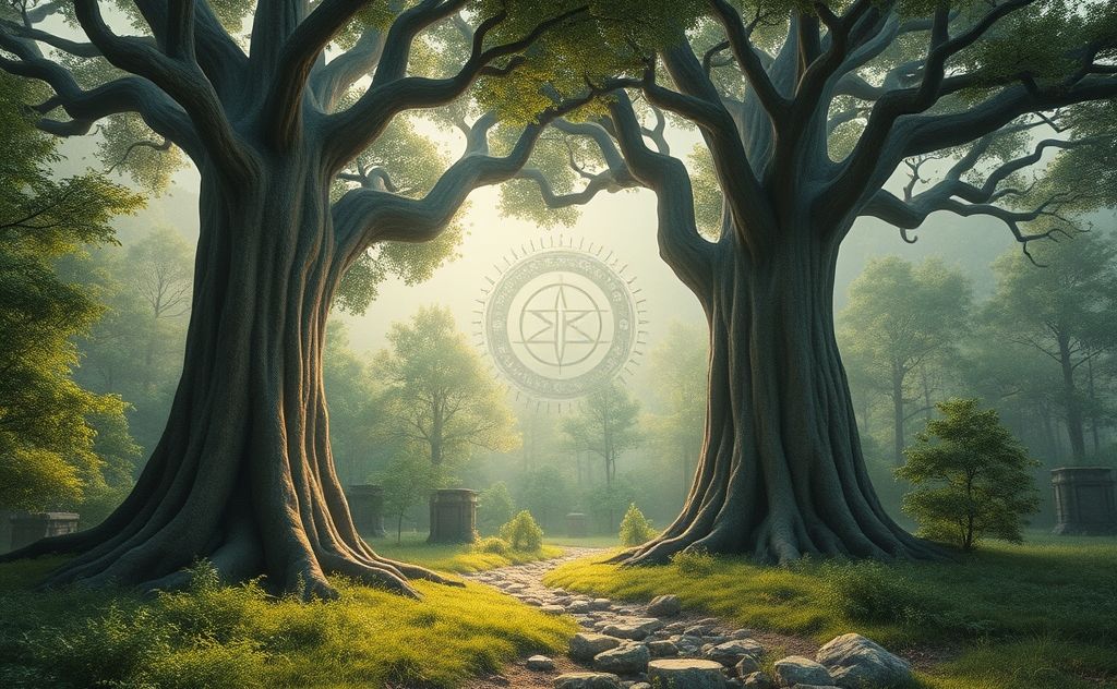 A serene forest scene with ancient trees and sacred symbols.