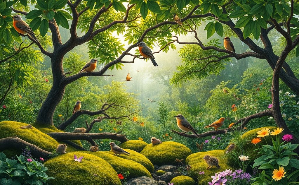 A serene forest scene with diverse plants and wildlife thriving together.