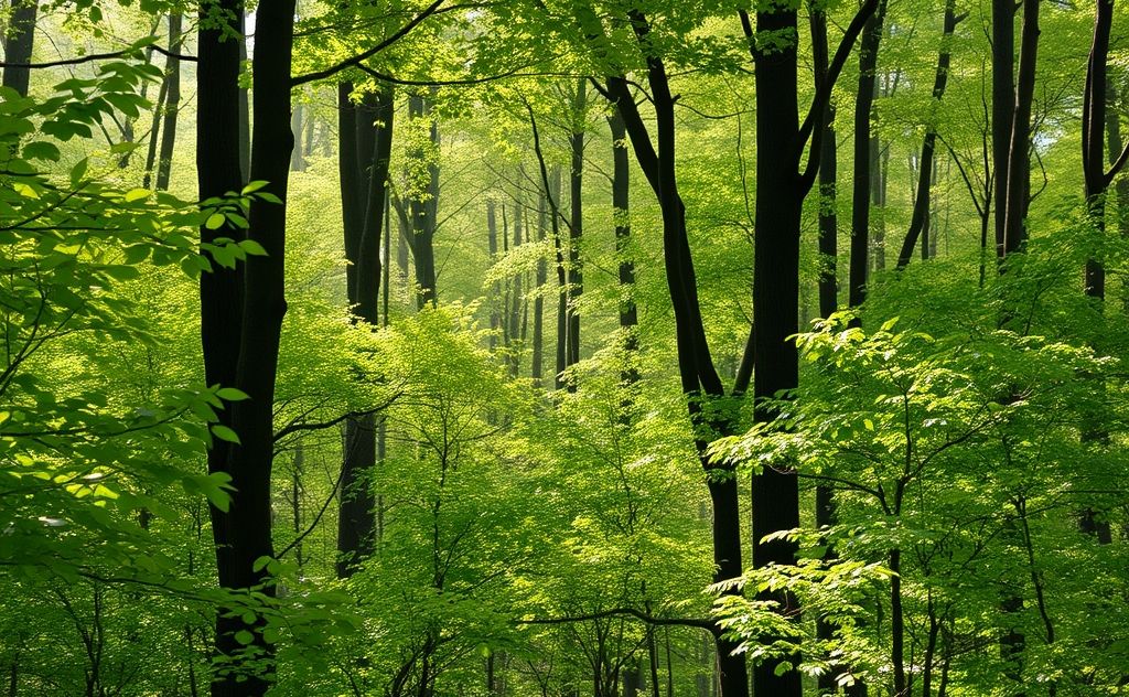 A serene forest scene with gentle breezes and flowing leaves.
