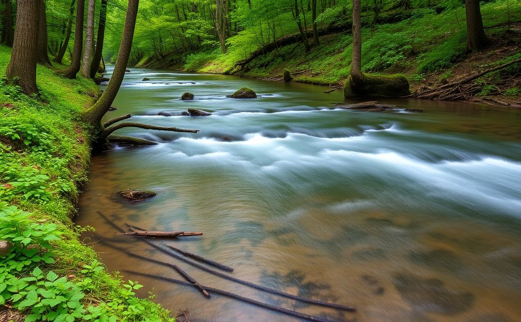A serene forest scene with gentle flowing water and vibrant greenery.
