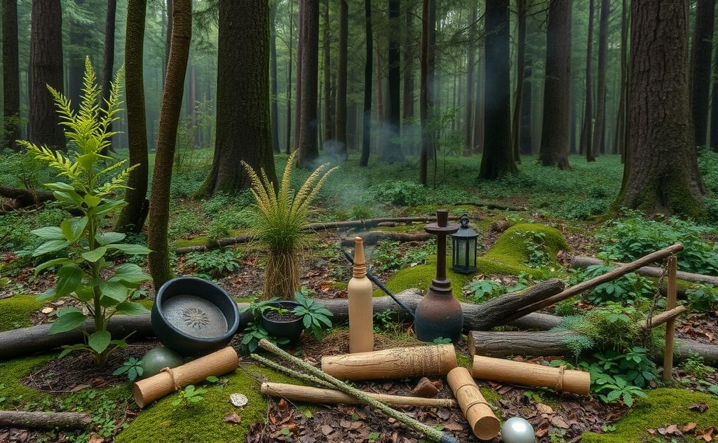A serene forest scene with sacred plants and ritual tools.