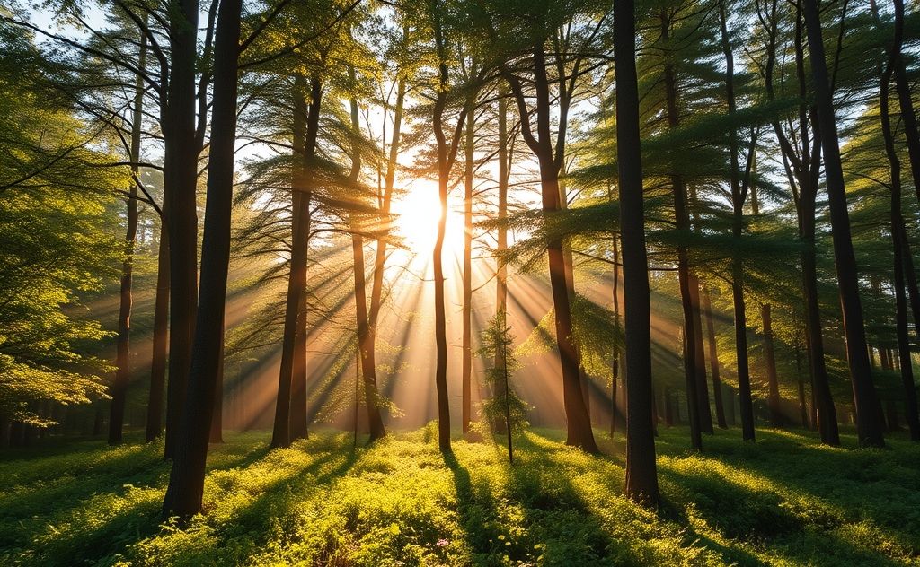 A serene forest scene with sunlight filtering through the trees.