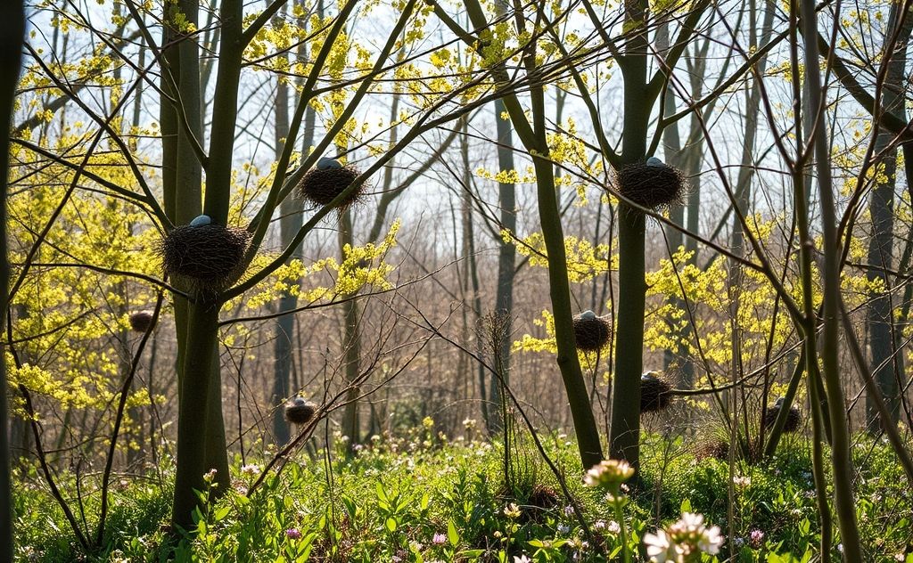A serene forest scene with various bird nests in trees during spring.