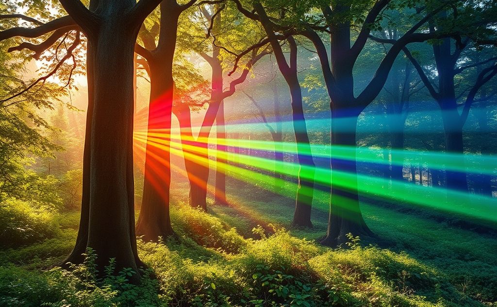 A serene forest scene with vibrant chakra colors amidst the trees.