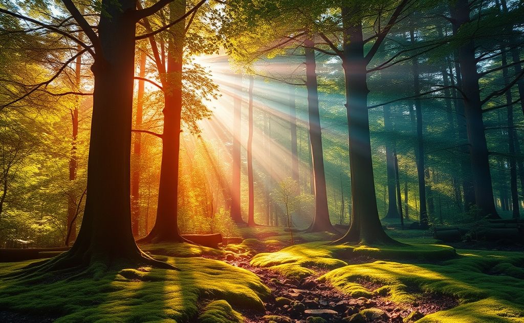 A serene forest scene with vibrant chakra colors among the trees.