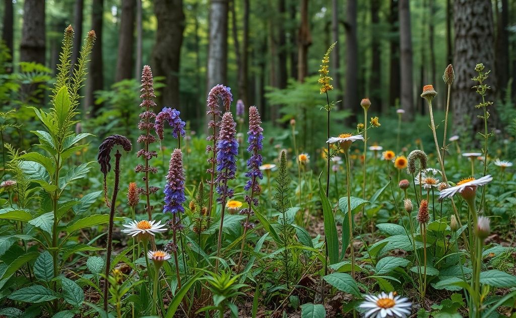 A serene forest scene with vibrant shamanic plants and healing herbs.
