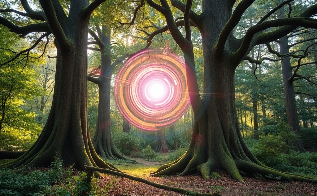 A serene forest with vibrant energy swirling around ancient trees.