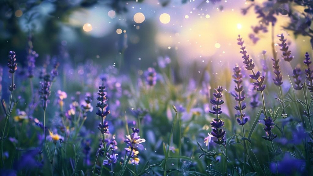 A serene garden bathed in twilight. Lavender and chamomile bloom under a soft, moonlit glow. Ethereal light dances, reflecting off dew-kissed leaves, evoking calm and peace.