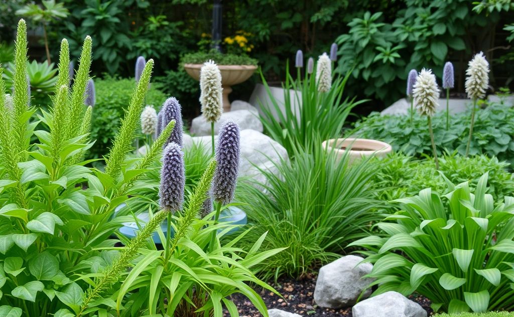 A serene garden scene with lush plants and calming natural elements.