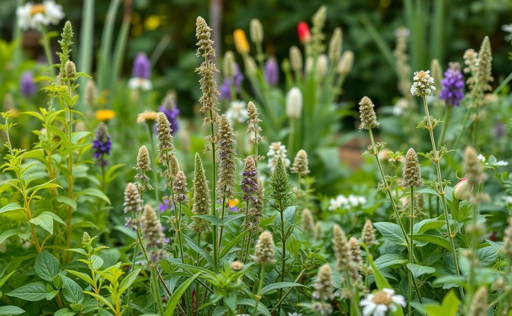 A serene garden scene with various natural repellents like herbs and plants.