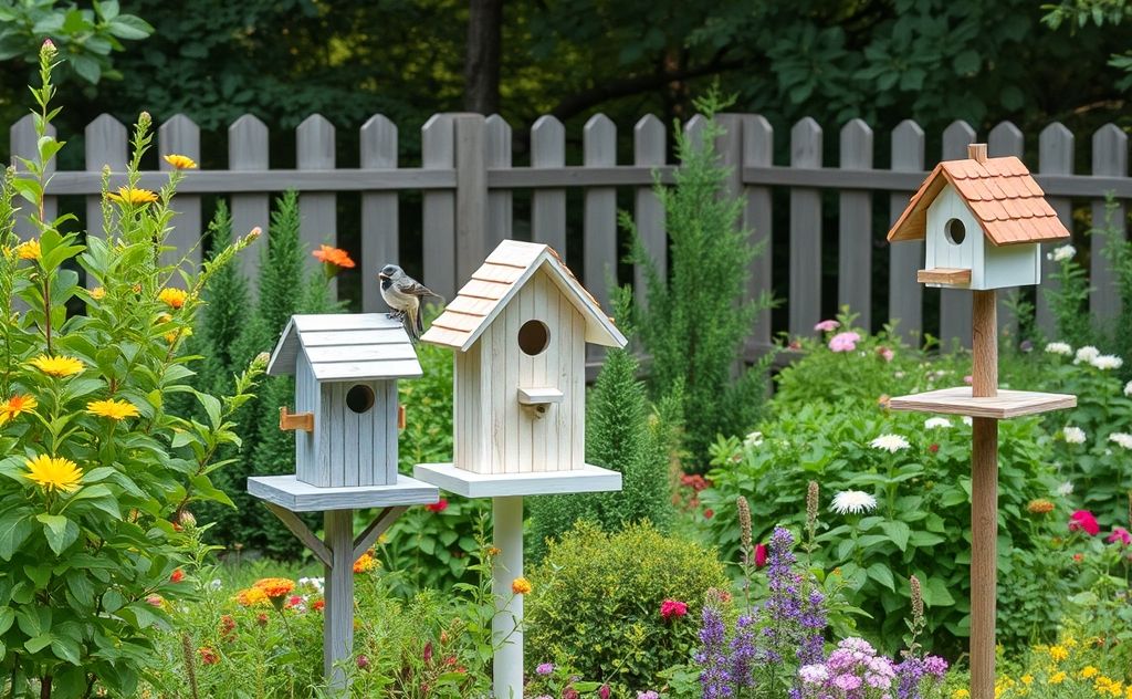 A serene garden with birdhouses and cozy perches for relaxation.