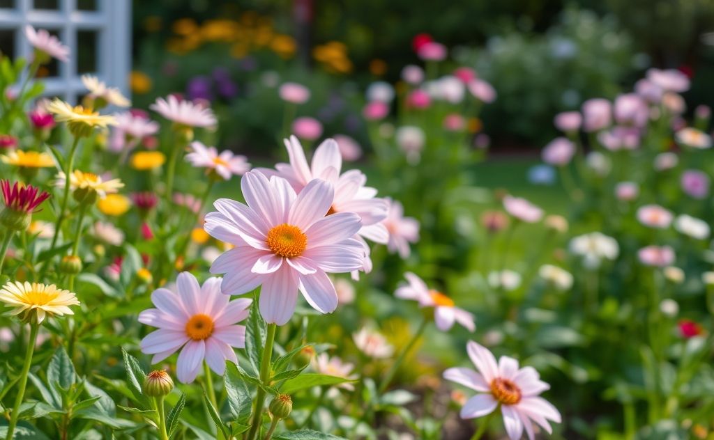 A serene garden with blooming flowers and a peaceful atmosphere.