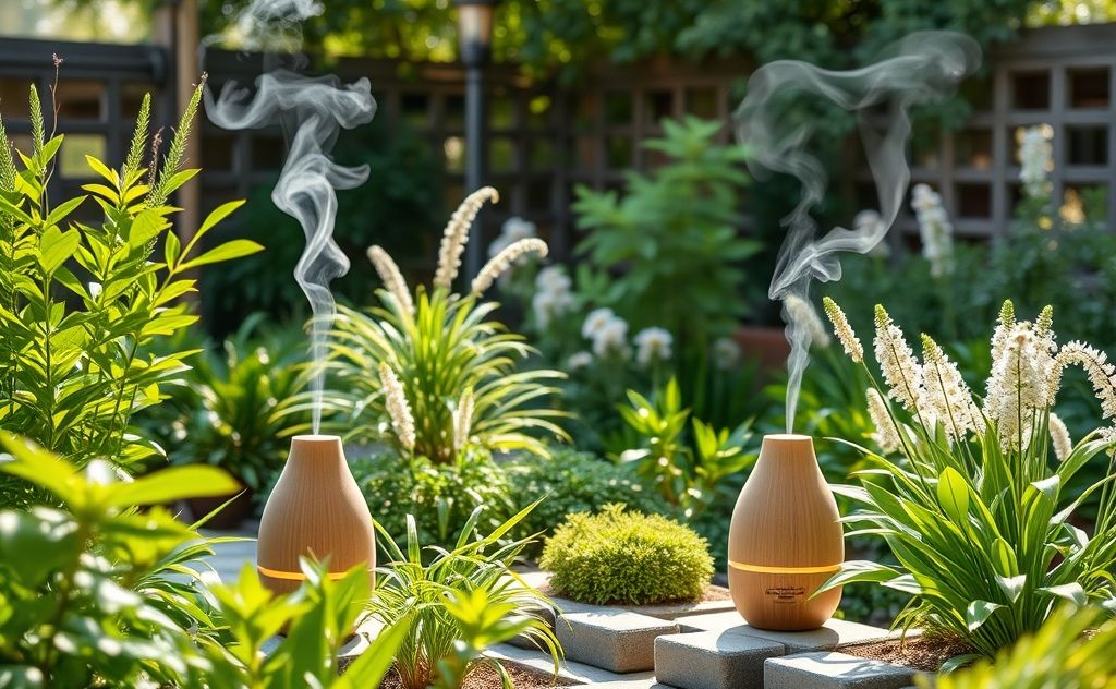 A serene garden with calming plants and essential oil diffusers.