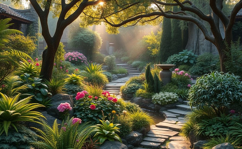 A serene garden with diverse plants and natural elements.