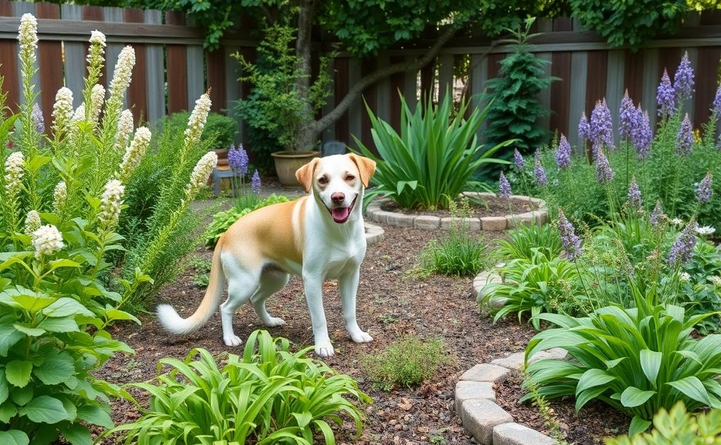 A serene garden with natural pest control elements and pet-friendly plants.