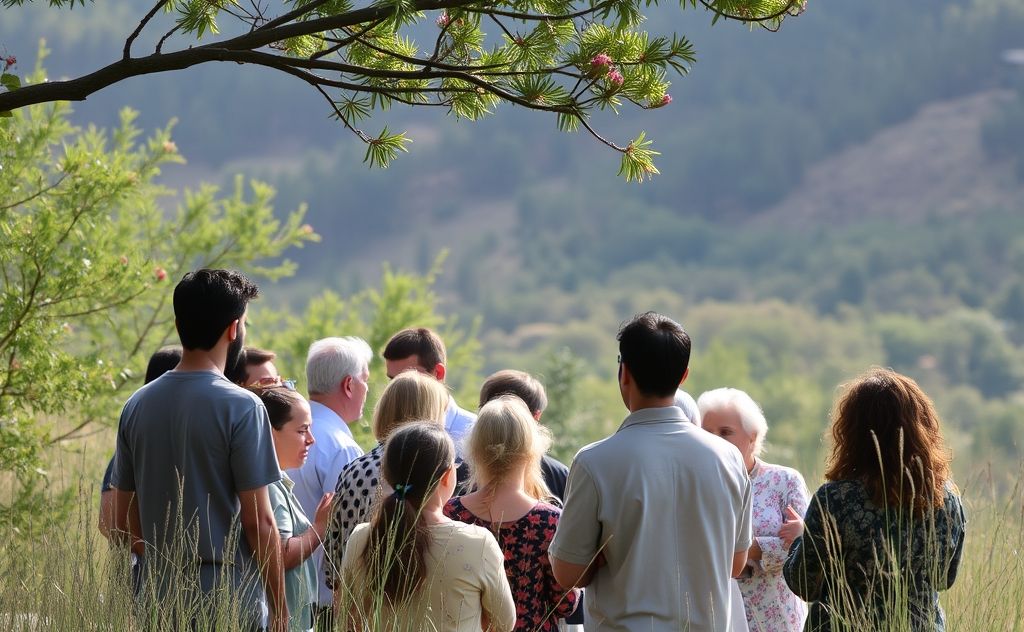 A serene gathering of diverse individuals in a natural setting.