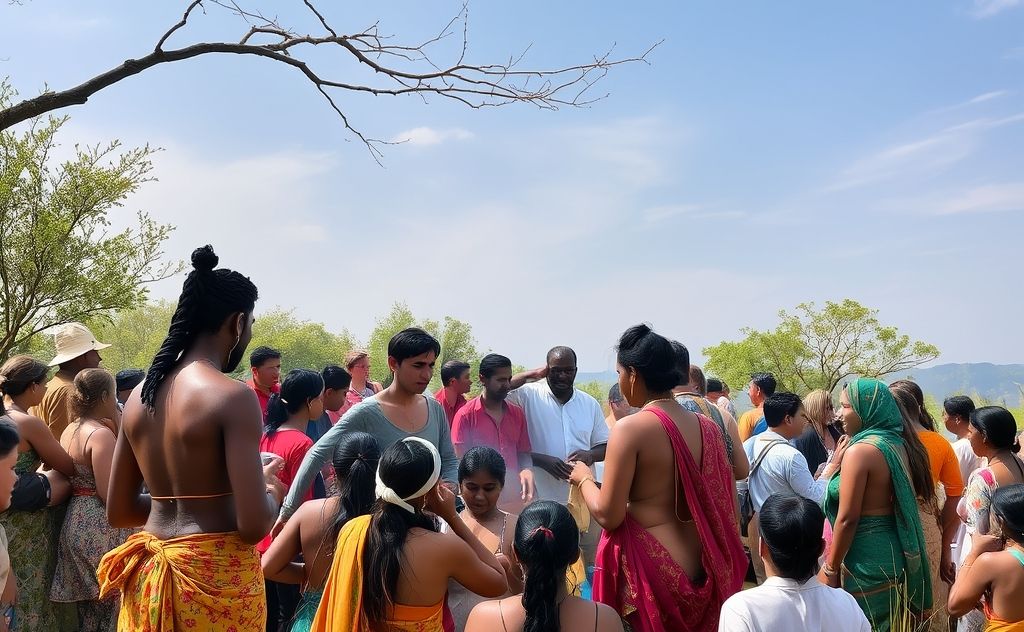 A serene gathering of diverse people in a natural setting, sharing rituals.