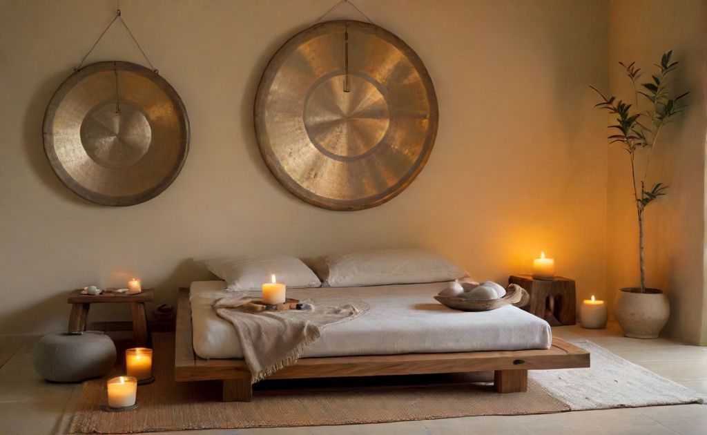 A serene gong bath setup with calming candles and soft cushions.