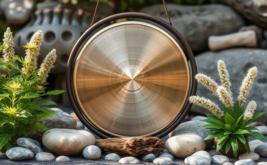 A serene gong surrounded by calming natural elements.