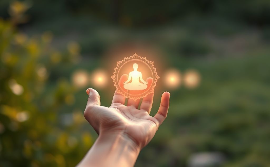 A serene hand gently touching glowing chakra symbols in a peaceful setting.